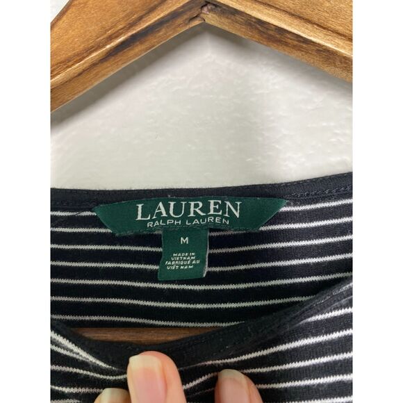 Lauren RL Black White Stripe Crew Neck Tunic Top Womens Size M 3/4 Bell Sleeve - Picture 4 of 5